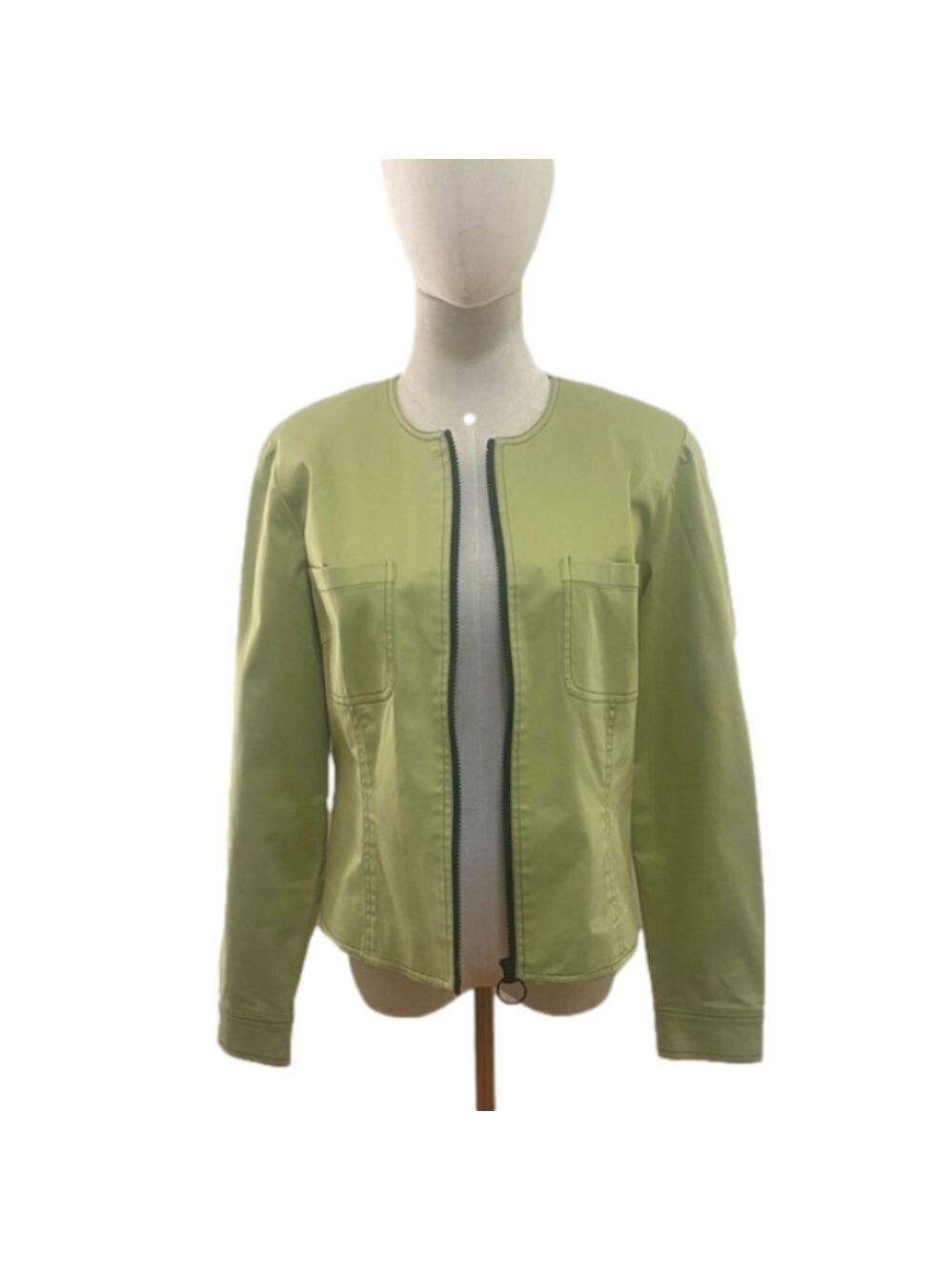90S CHARTREUSE W BLACK FRONT ZIP LINED CROPPED COLLARLESS BLAZER NORMCORE 8 - Picture 3 of 8